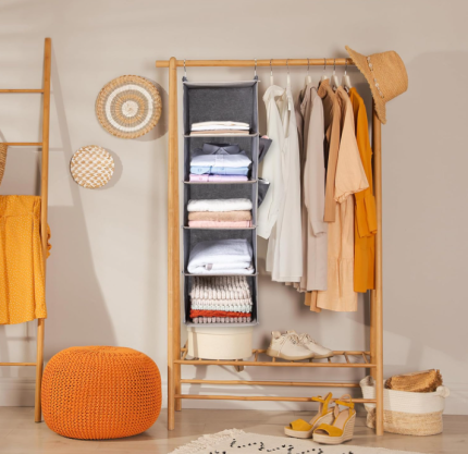 Hanging closet organizer with shelves and pockets