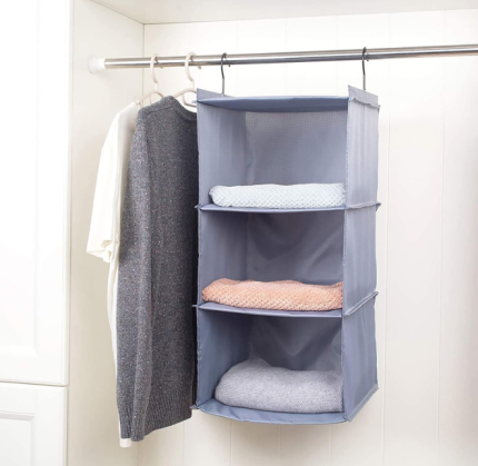 Hanging closet organizer with shelves